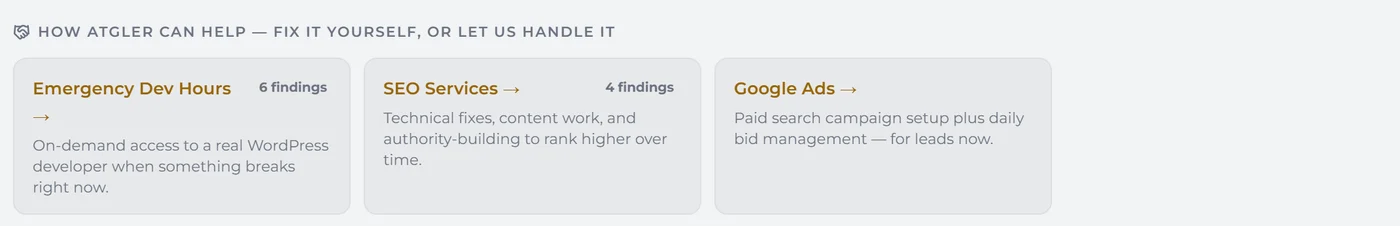 Atgler AI Website Audit report section showing how Atgler can help fix each finding