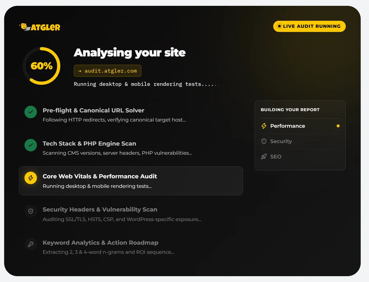 Atgler AI Website Audit scanning a website with a live progress tracker