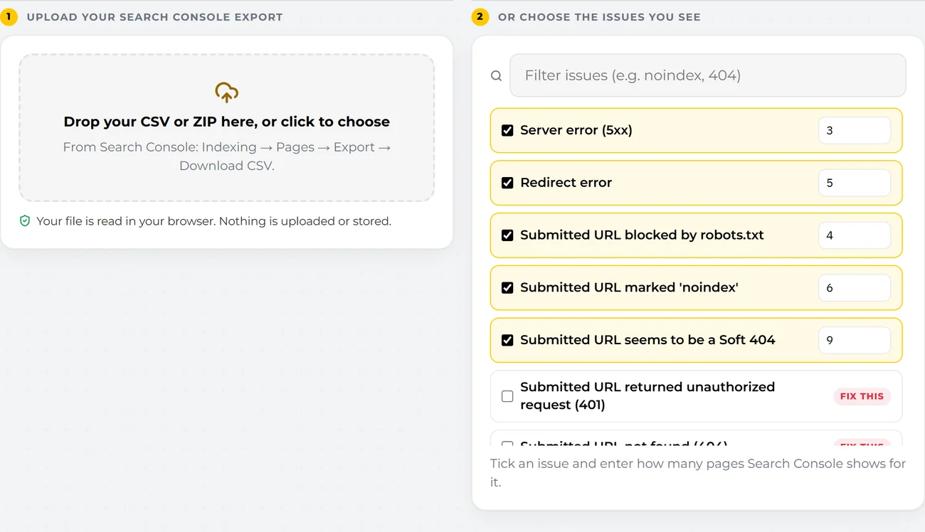 Atgler Search Console tool with example issues selected and page counts entered