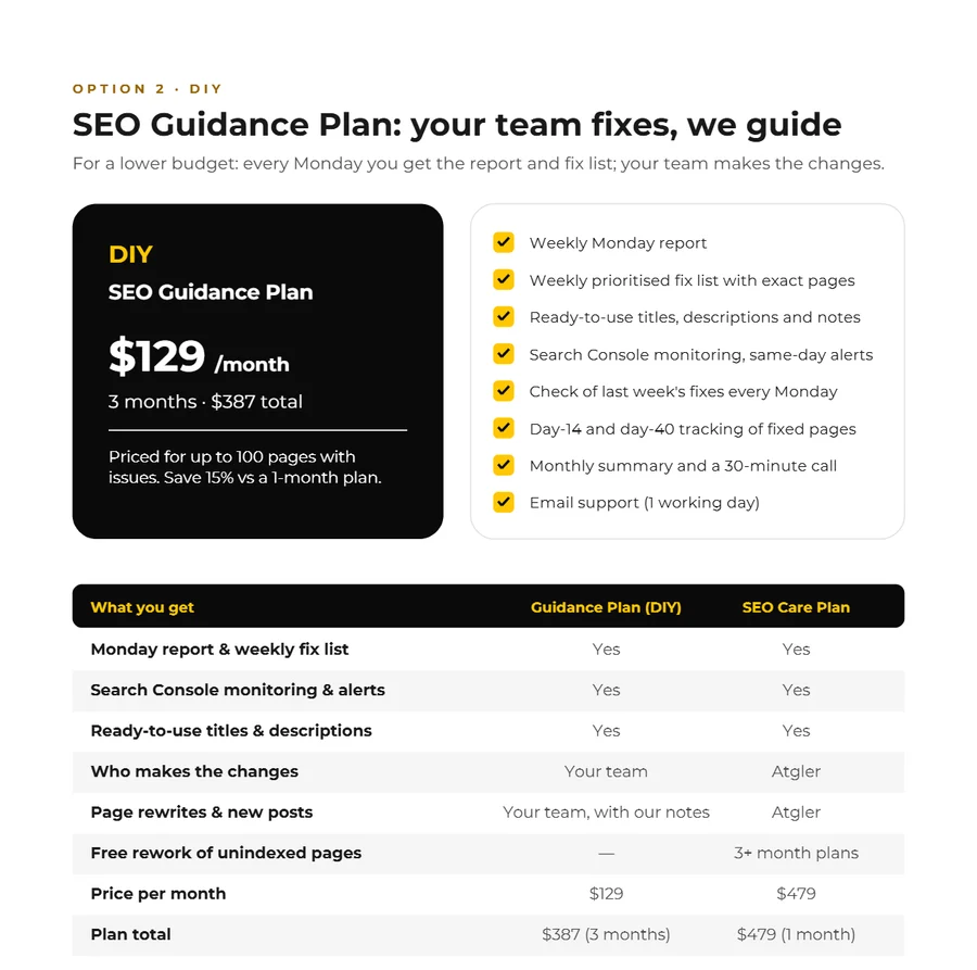 Quote PDF page showing the DIY SEO Guidance Plan and a side-by-side plan comparison