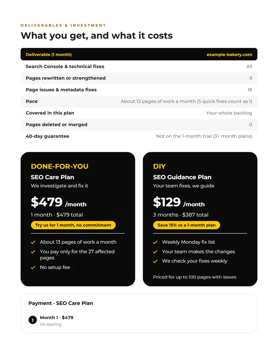 Quote PDF page showing deliverables, plan prices and payment schedule
