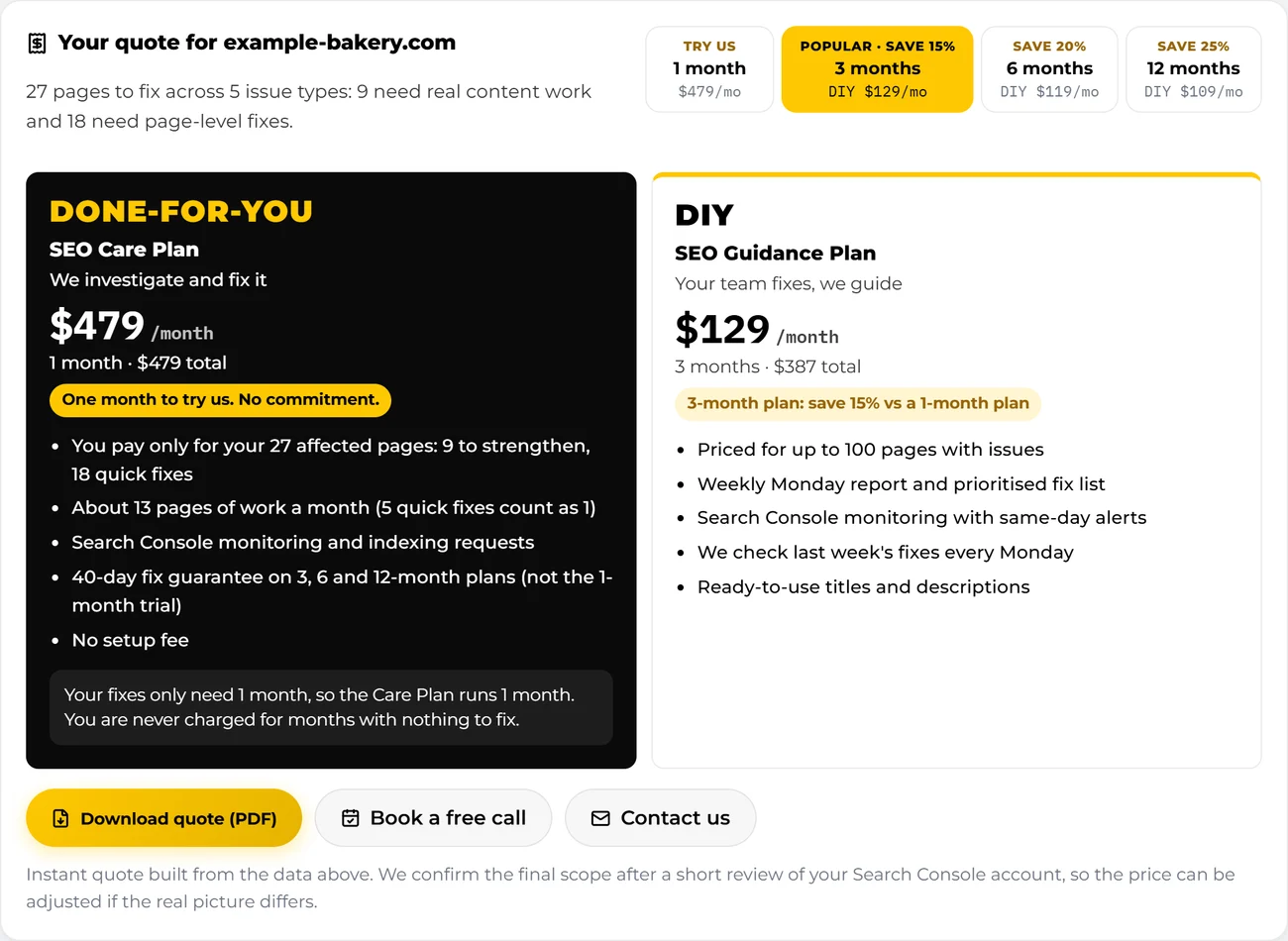 Instant SEO Care Plan and DIY SEO Guidance Plan quote generated from example Search Console data